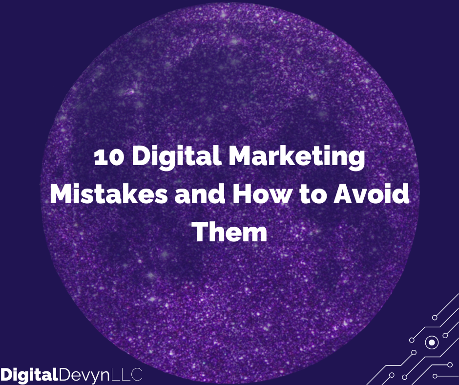 Common digital marketing mistakes, including poor SEO, ineffective ad targeting, and lack of audience engagement, displayed with icons and examples.